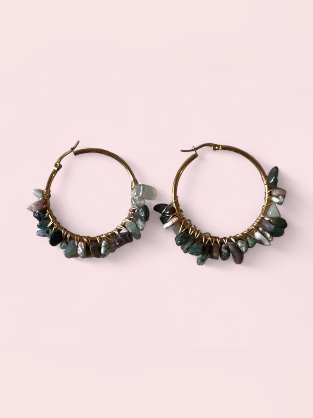 NEW Handmade Gold Hoop Earrings Wired Colorful Stones Hypoallergenic Boho Hoops